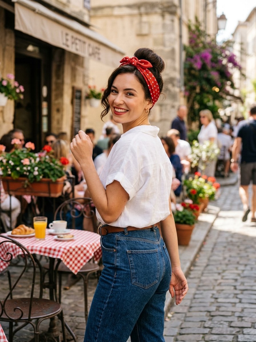 A brunette woman in a white shirt and red headband turns to smile near a sidewalk cafe table.