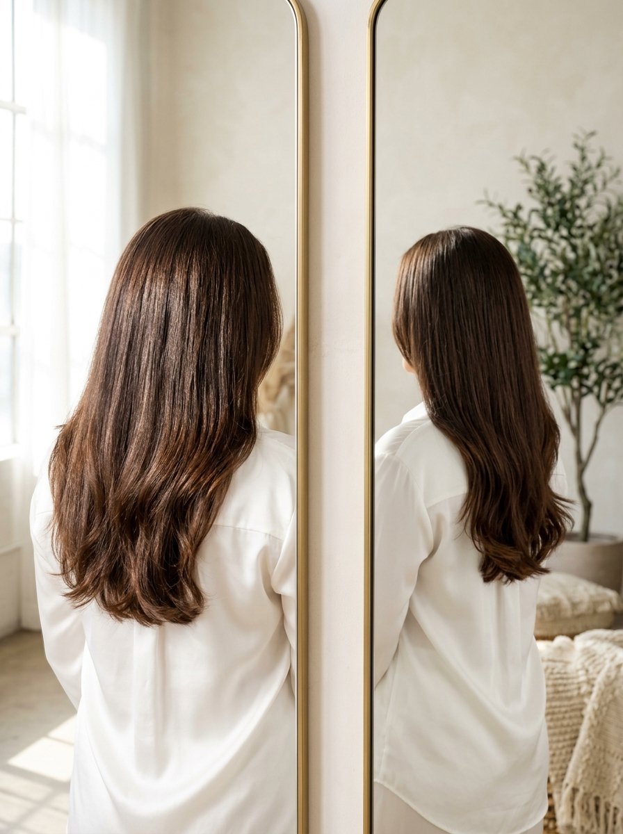 Rear view of a brunette woman in a white blouse reflecting in a tall gold-framed floor mirror.