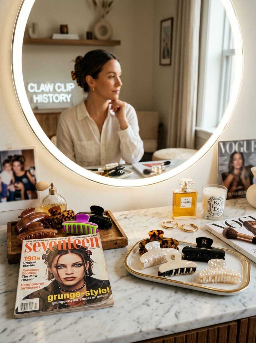 A woman looks into a round LED mirror surrounded by hair claw clips and vintage magazines on a marble countertop.