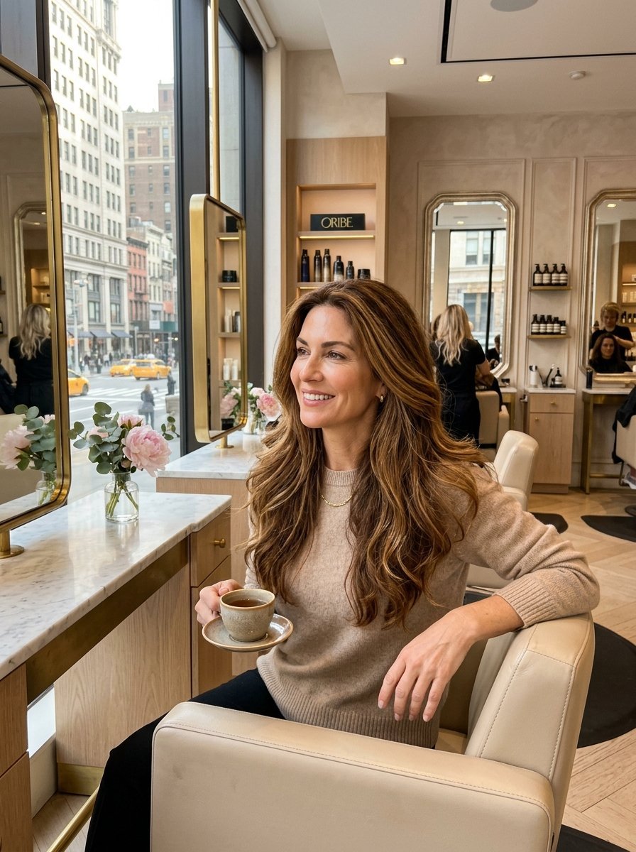 A long-haired woman in a beige sweater holds a coffee cup while sitting in a bright, elegant New York salon.