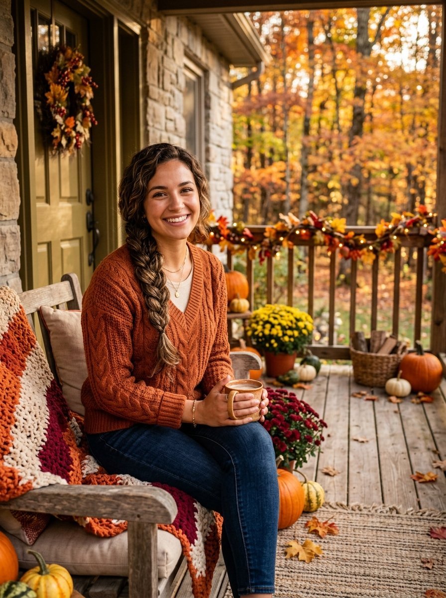 Woman in an orange cable-knit sweater sits on a rustic porch decorated with pumpkins, mums, and fall foliage.