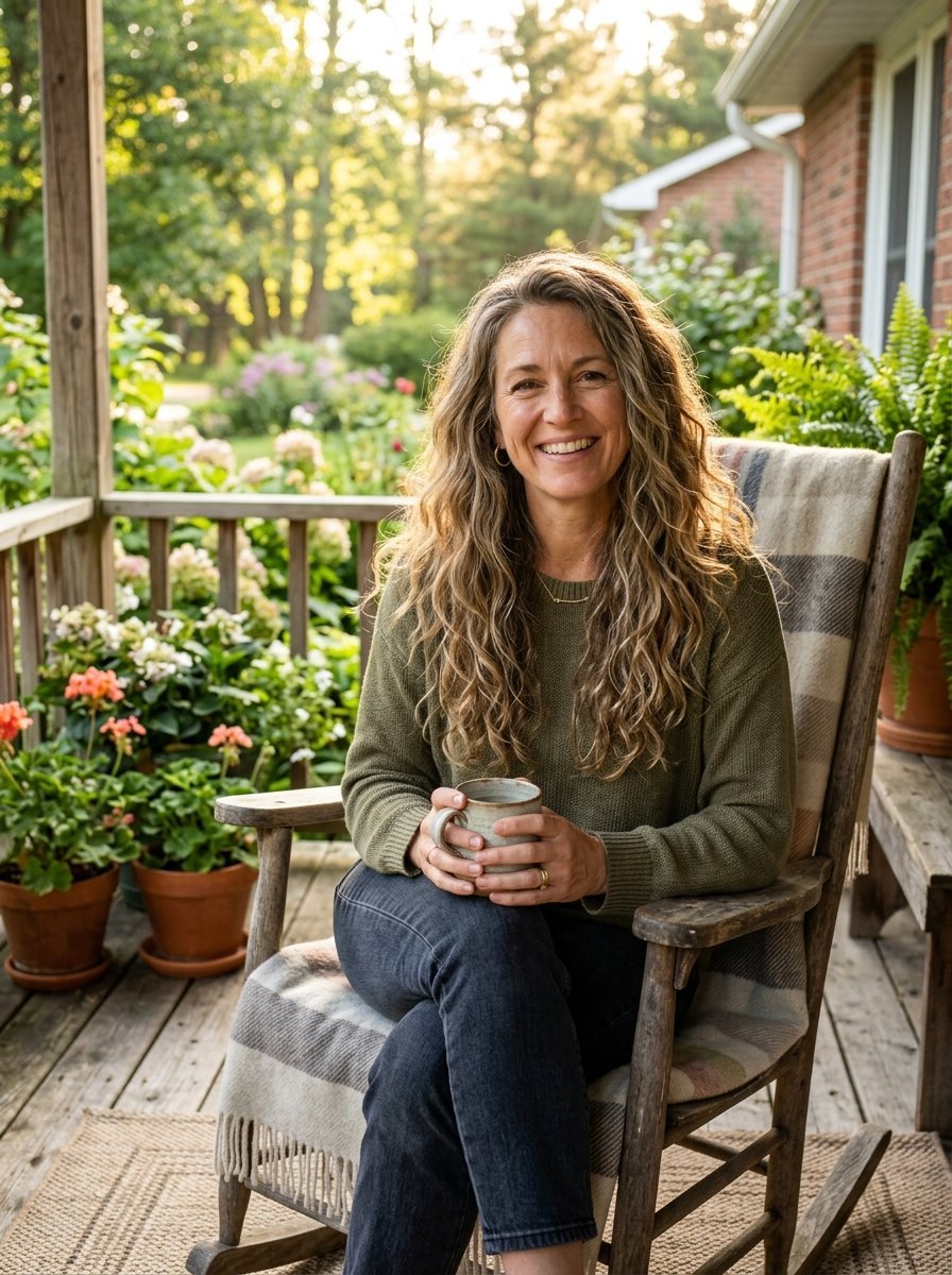 A curly-haired woman in a green sweater sits in a rocking chair on a wooden porch surrounded by potted flowers.