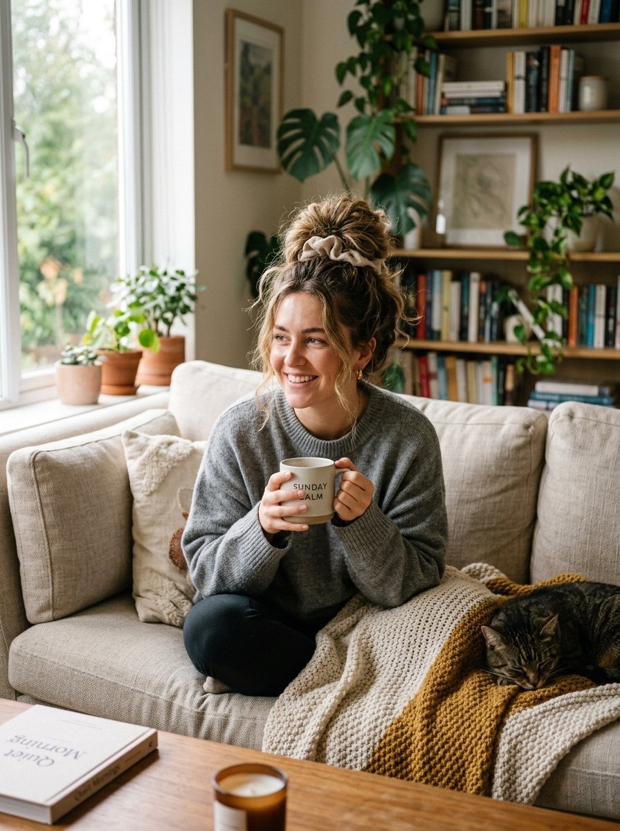 Smiling woman with a messy bun sitting on a cream sofa next to a sleeping tabby cat.
