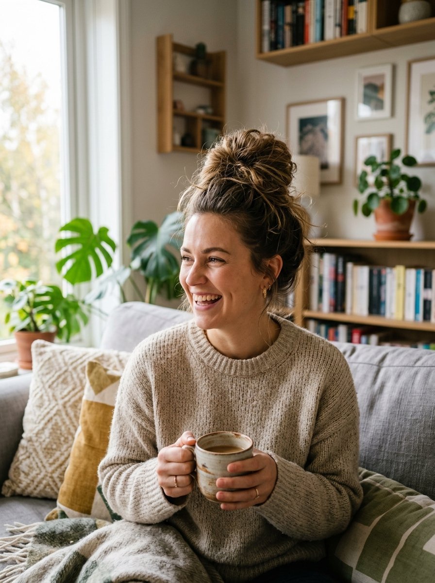 Smiling woman in a beige sweater sitting on a couch with a coffee cup in her hands.