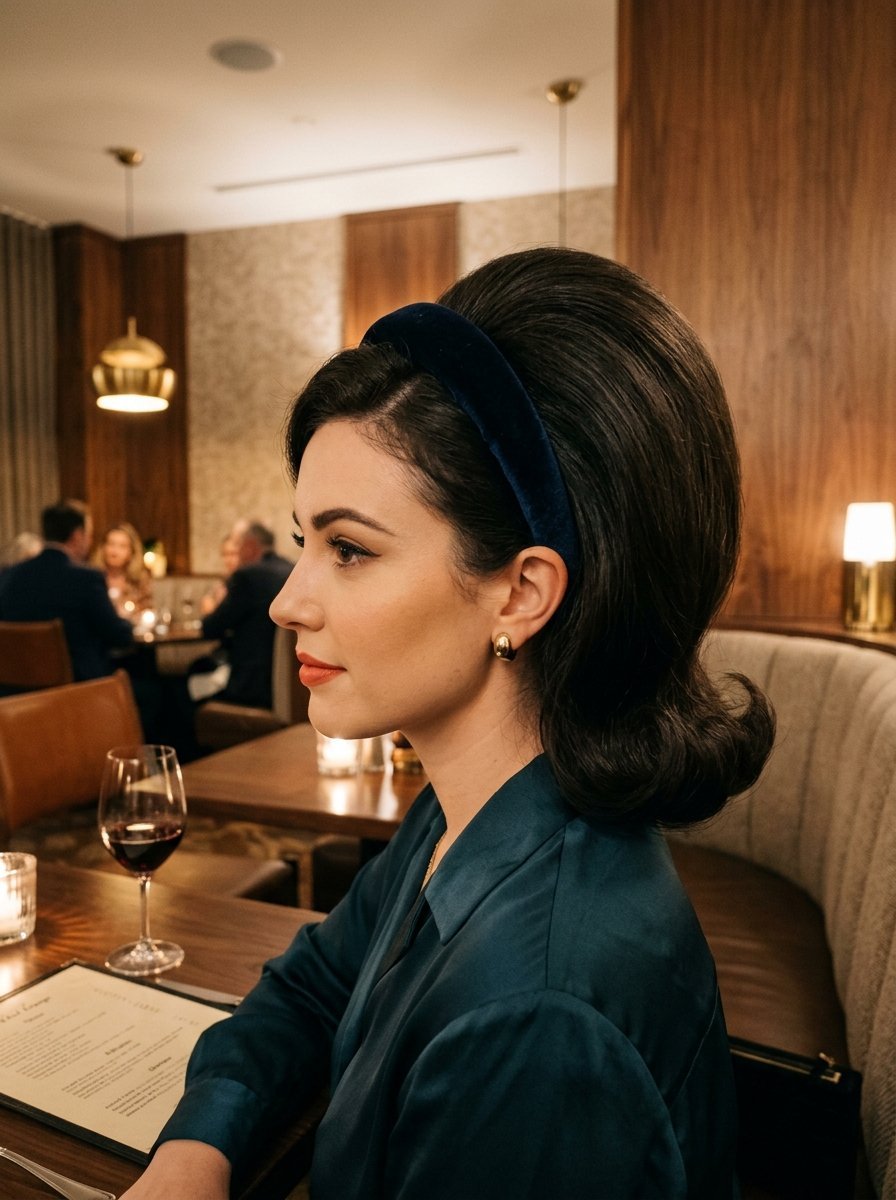 Profile view of a woman wearing a blue velvet headband and teal blouse at a dimly lit wooden booth.
