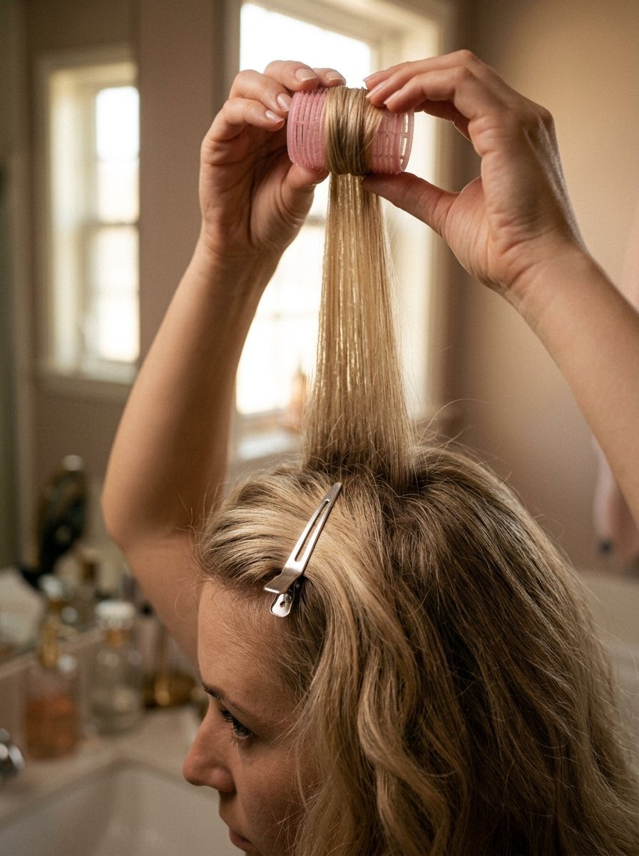 Close up of hands wrapping a section of hair around a pink Velcro roller with a metal clip in place.