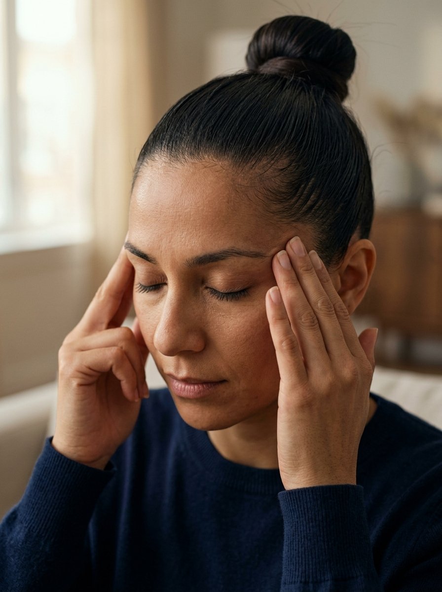 Close up of a woman with a hair bun pressing her fingertips against her temples to relieve a headache.