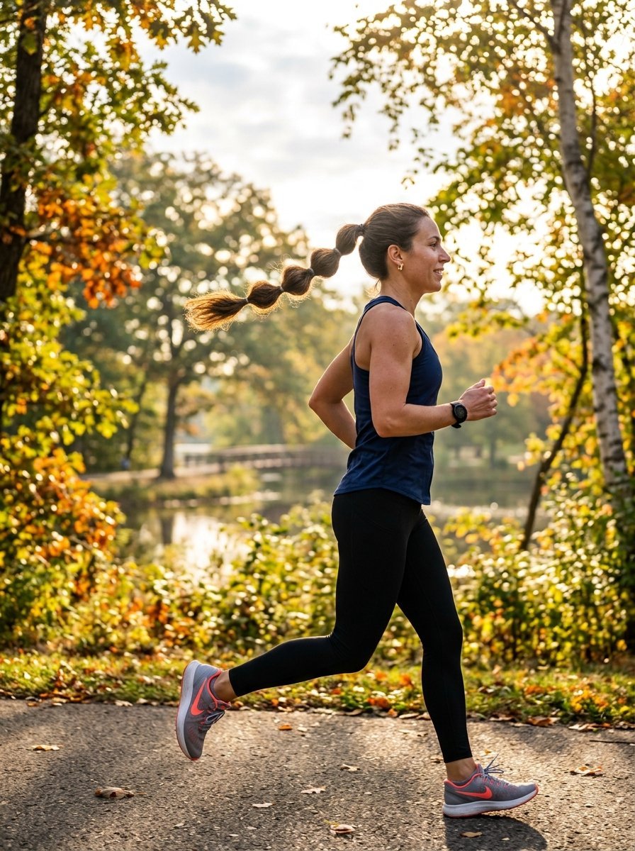 Side view of a female runner with a bubble ponytail jogging on a paved path during fall.