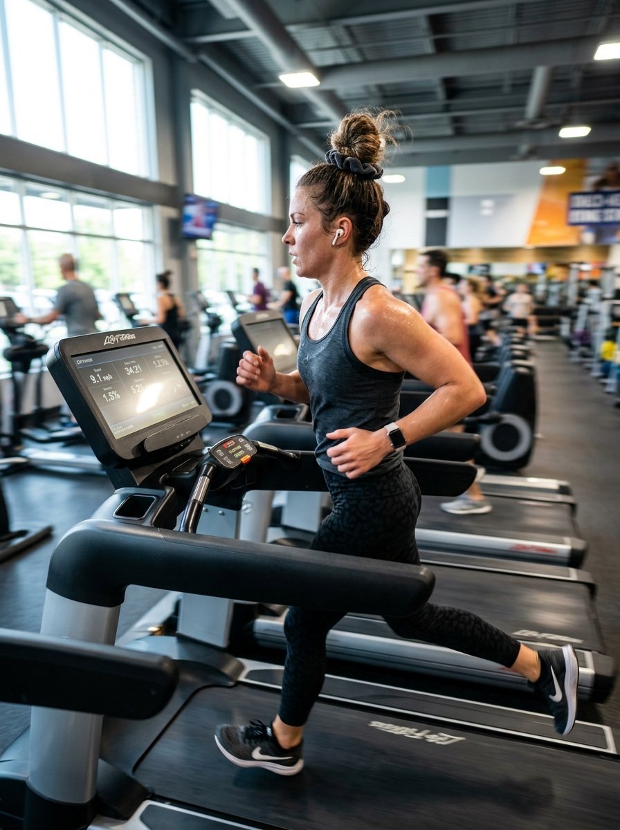 Sweaty athlete with a high bun wearing athletic gear while running on a commercial Life Fitness treadmill.