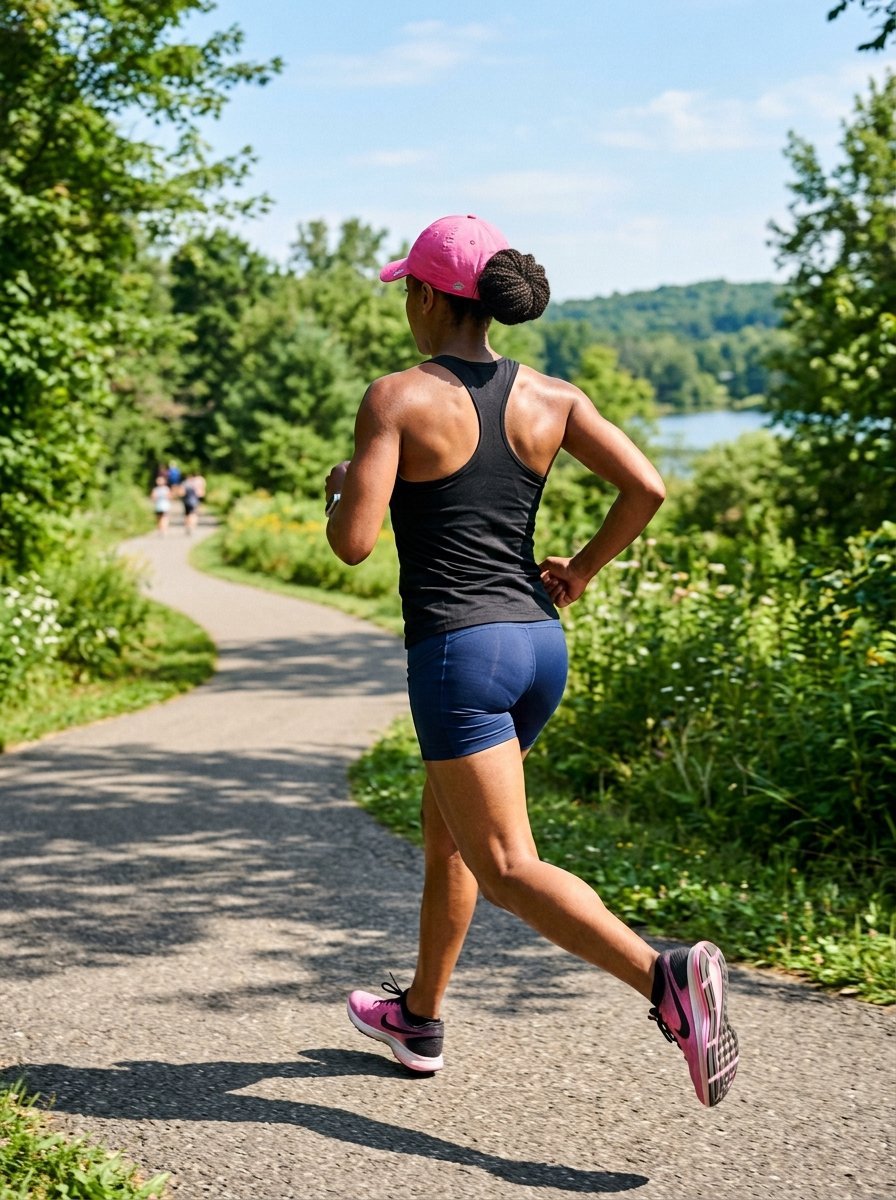A fit woman in a black tank top and pink cap runs away from the camera on a tree-lined path.