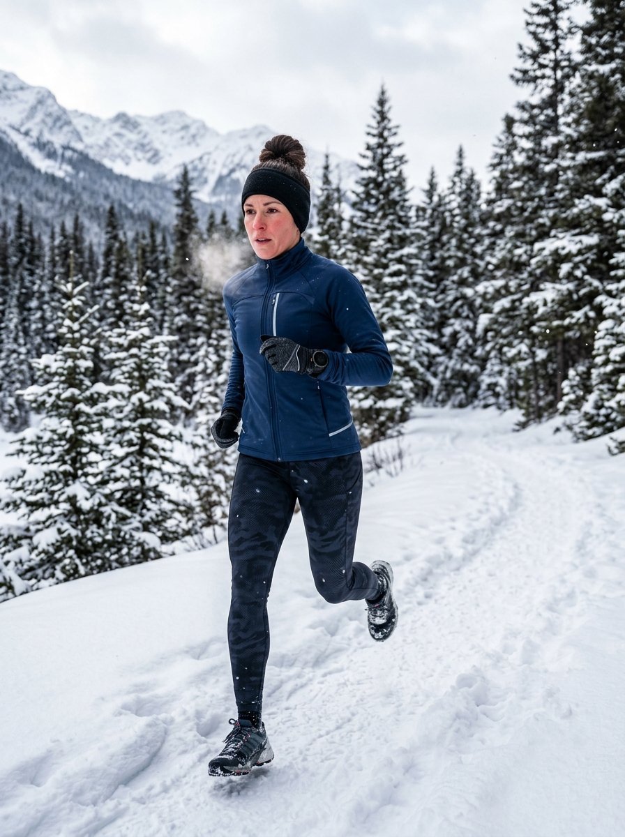 A woman in a blue jacket and leggings running on a snow-covered trail surrounded by pine trees.