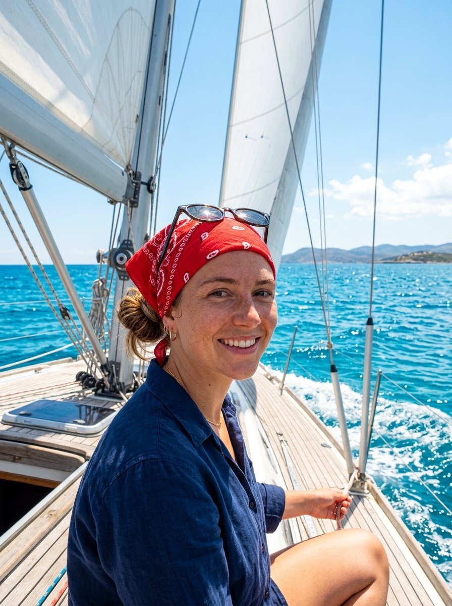Portrait of a smiling woman in a navy shirt and red headscarf on a sailboat deck under a bright blue sky.