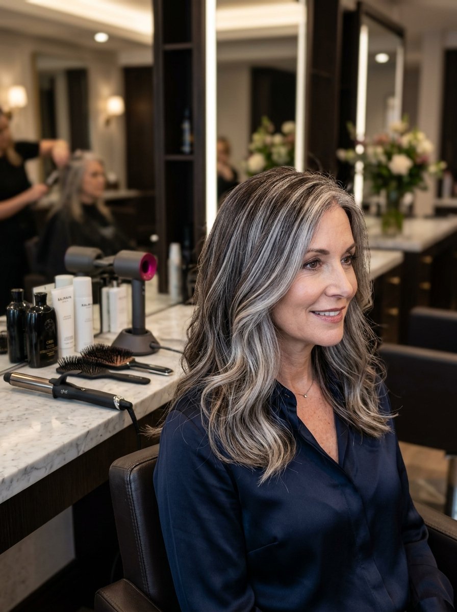 Middle-aged woman with silver-streaked hair sitting in a professional hair salon chair.