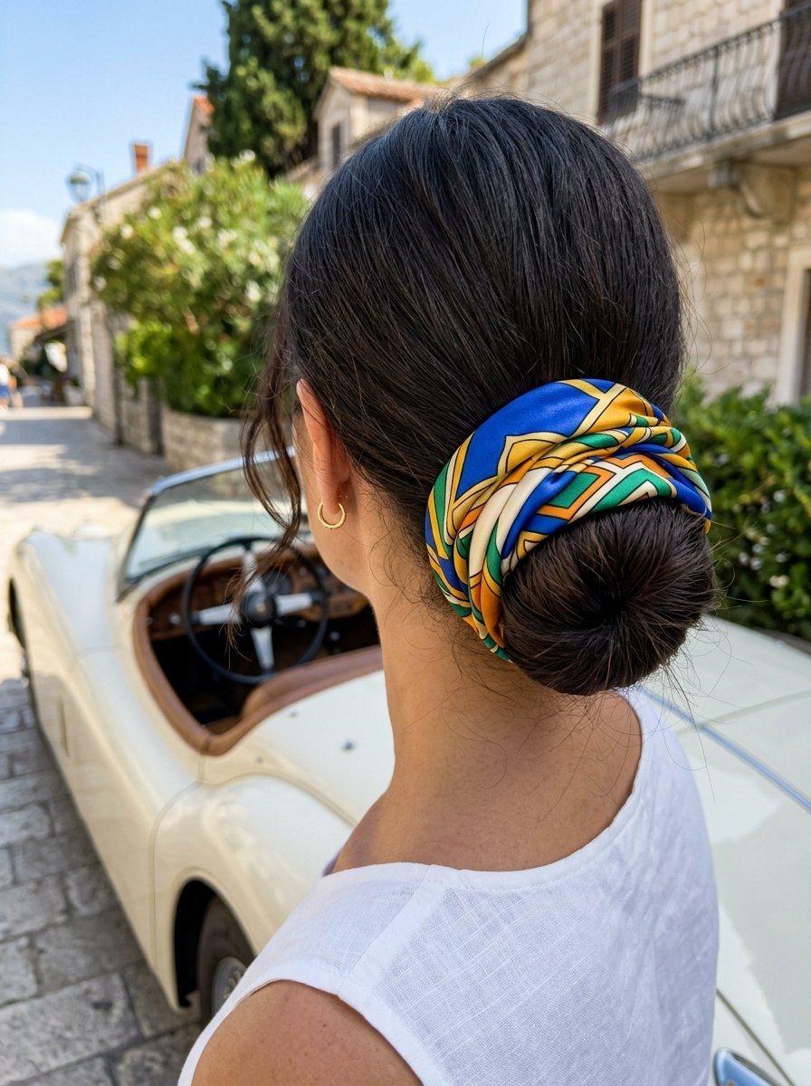 Close up of a woman's dark hair styled in a bun wrapped with a colorful geometric silk scarf.