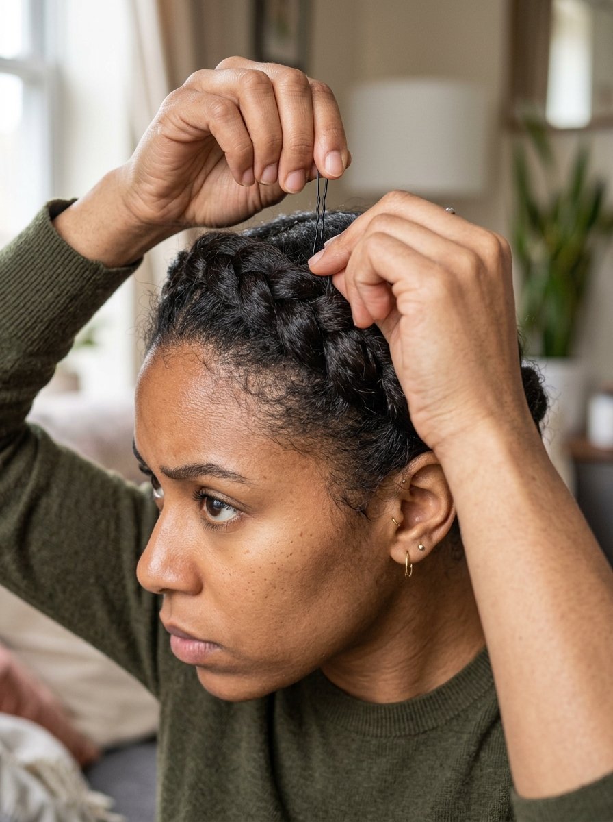 Close-up of a person with dark braided hair inserting a metal bobby pin to hold the style in place.