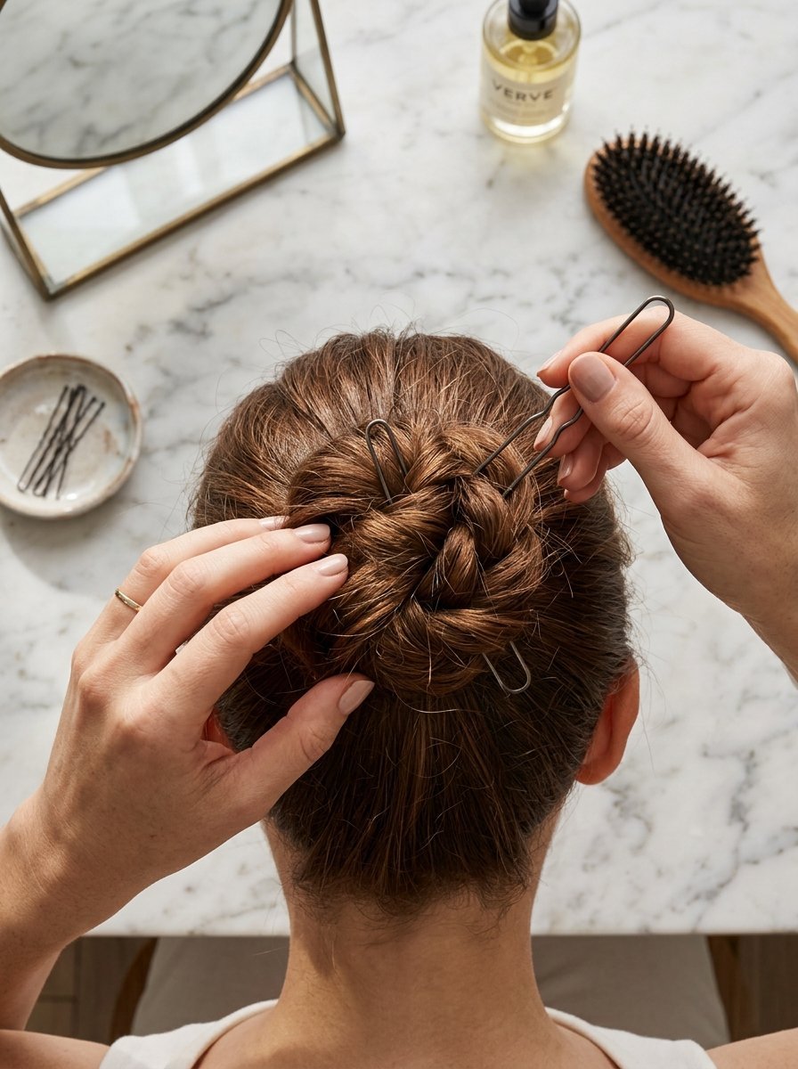Top view of hands placing a U-shaped pin into a neat bun hairstyle on a marble vanity surface.