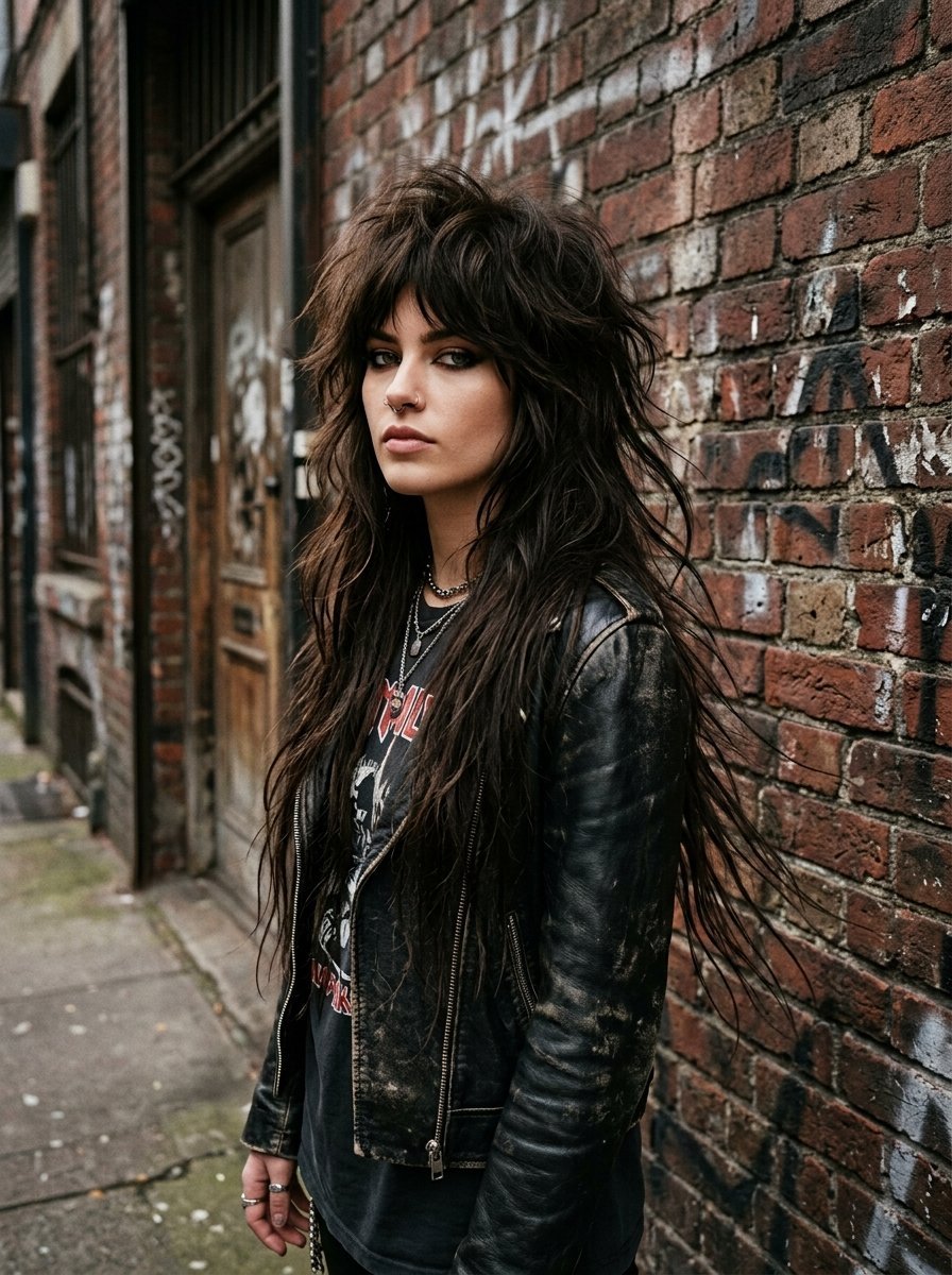 Young woman with long dark layered hair and a nose ring posing against a gritty brick wall in a vintage jacket.