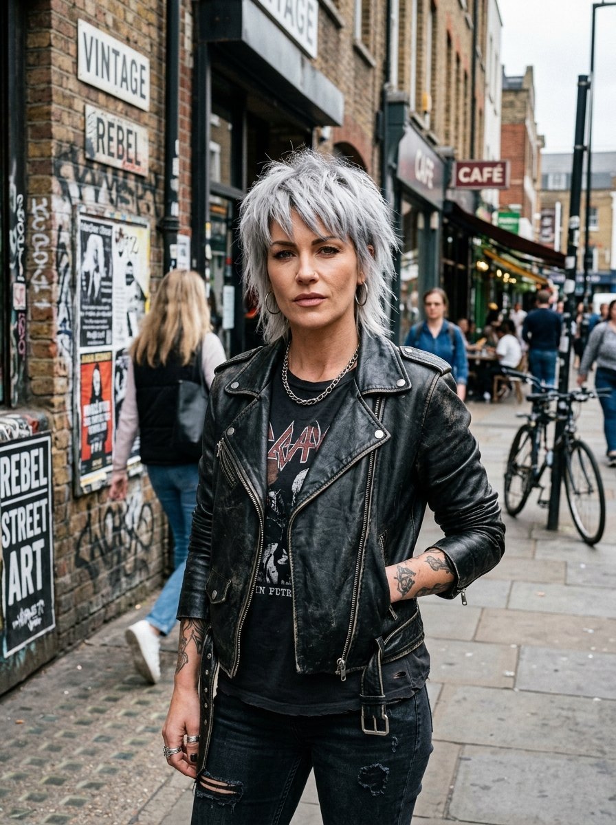 Portrait of a woman with choppy silver hair wearing a distressed leather biker jacket on a city street.
