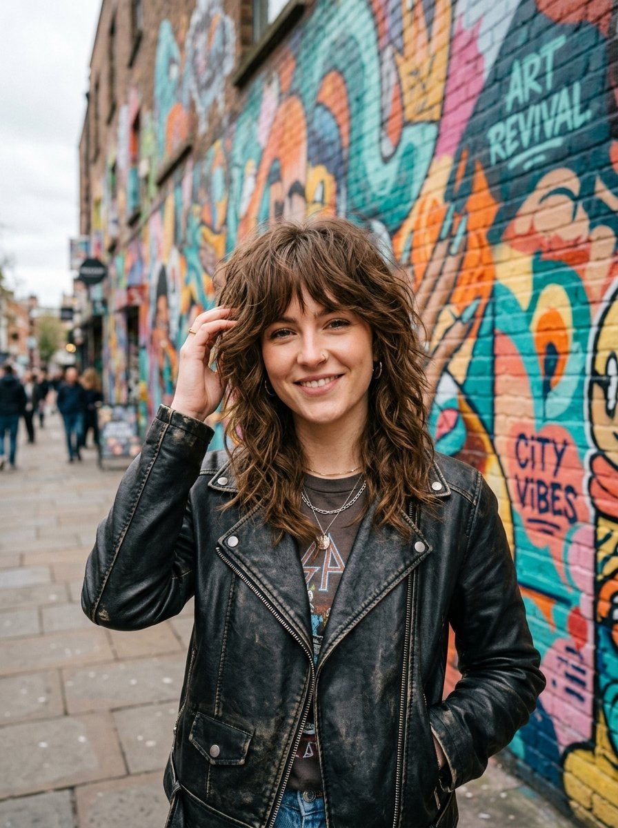 A smiling woman with layered shaggy hair wearing a black leather jacket in front of a colorful painted brick wall.
