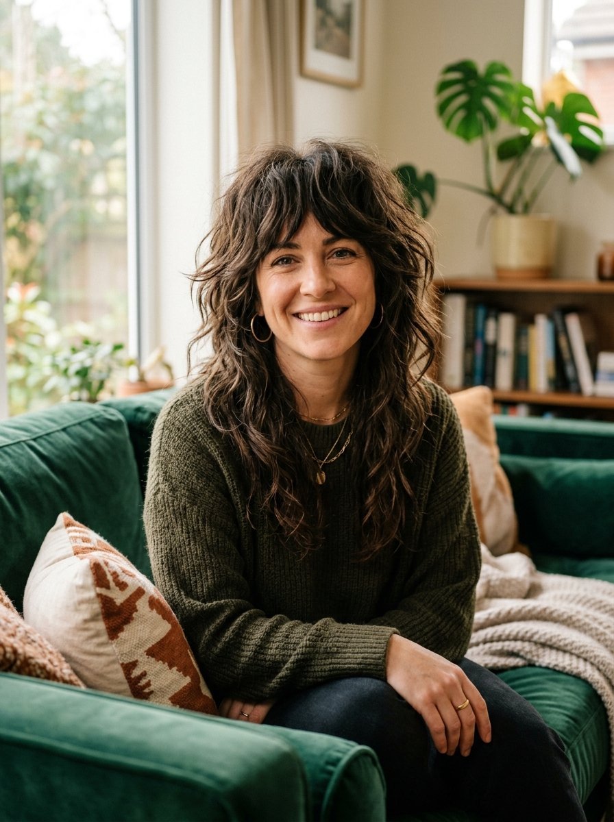 A smiling woman with long wavy shaggy hair wearing a green sweater sitting on a green sofa indoors.