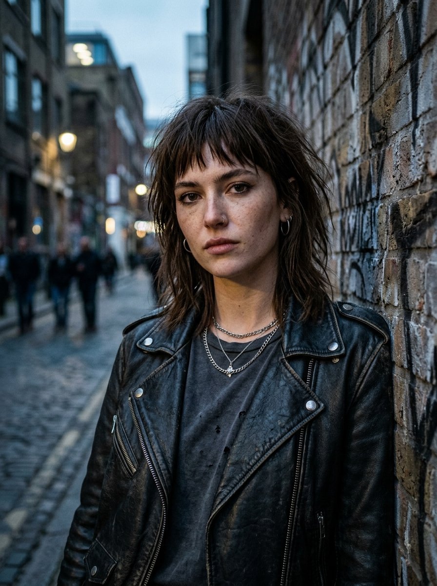 Portrait of a woman with a trendy shag haircut wearing a black leather jacket on an urban city street.