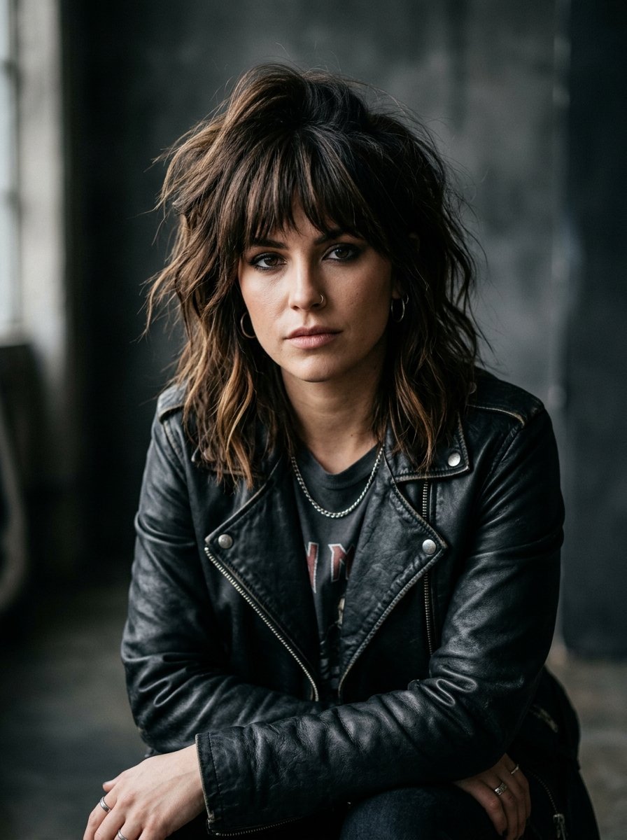 Close up portrait of a young woman with a modern shag haircut and nose ring wearing a black leather moto jacket.