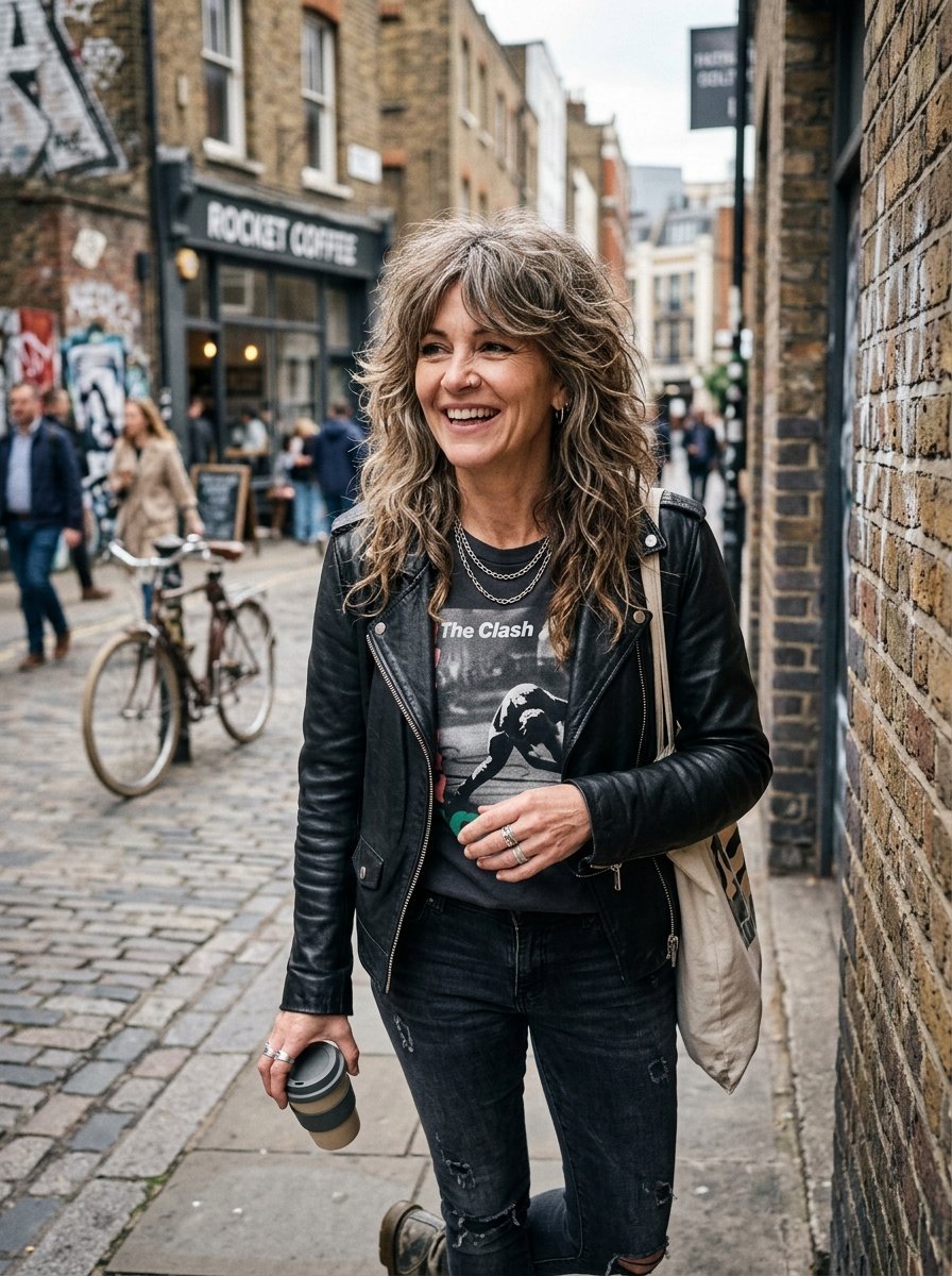 A smiling woman in a leather jacket and distressed jeans holds a coffee cup on a London street.