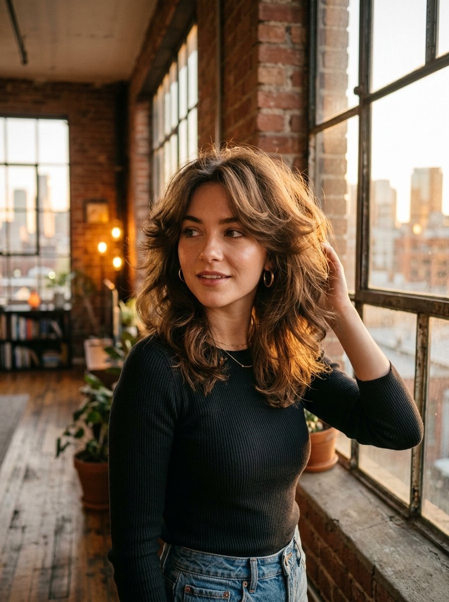 A woman in a black ribbed shirt runs her hand through her shoulder-length layered hair near a window.