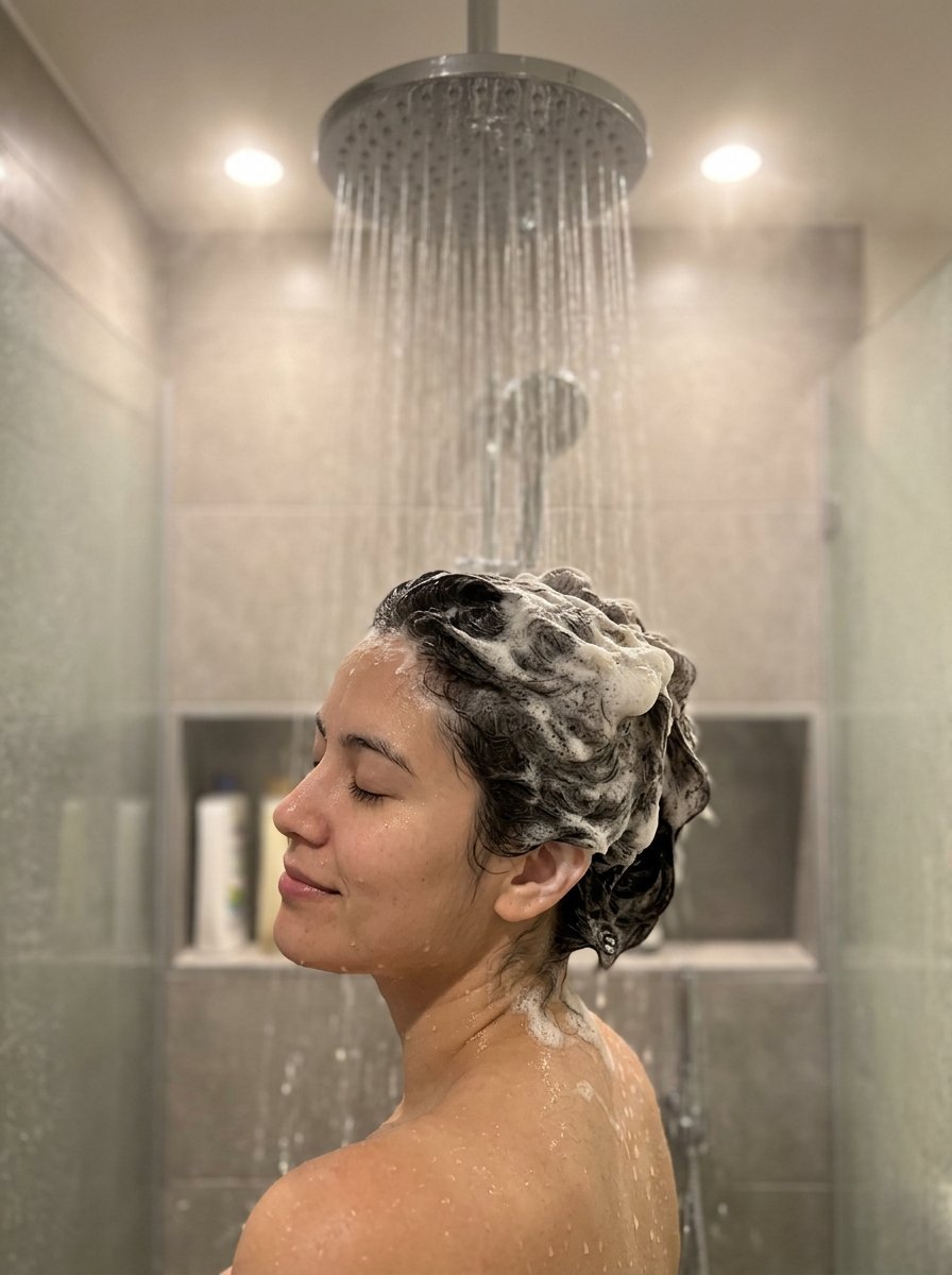 Profile view of a woman with soapy, bubbly hair standing under a rainfall shower head in a tiled bathroom.