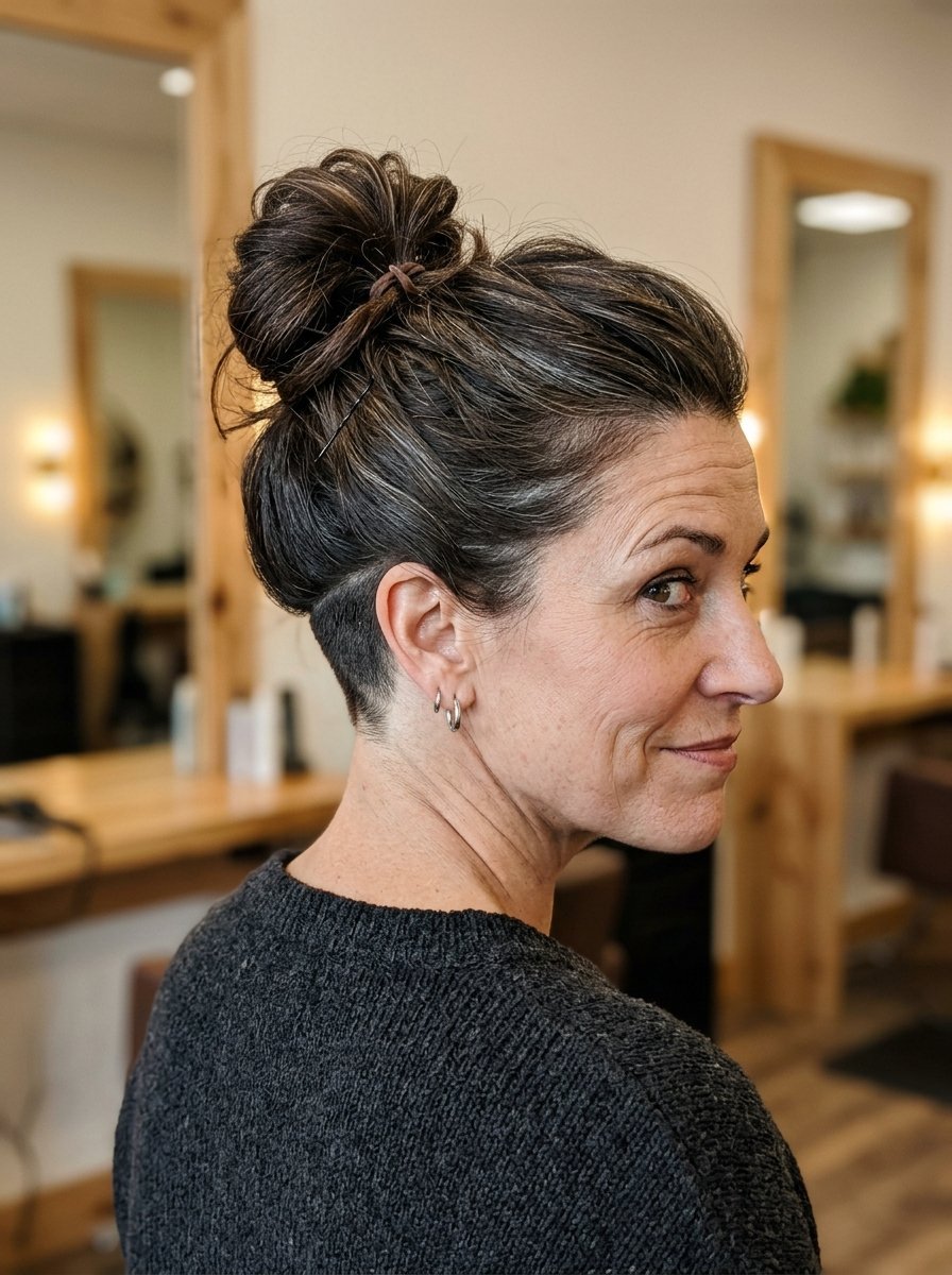 Side profile of a woman with dark hair featuring grey highlights styled in a messy top knot with an undercut.