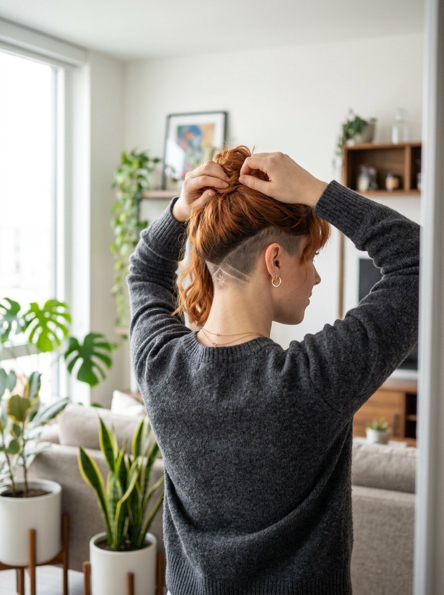 Close up of a person with auburn hair styling a textured undercut with intricate shaved lines.