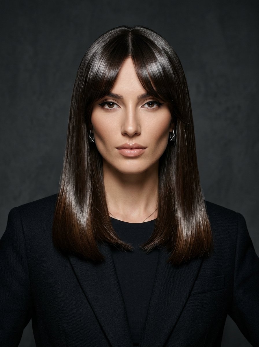 Portrait of a woman with long, straight brunette hair and bangs wearing a black suit jacket against a dark background.