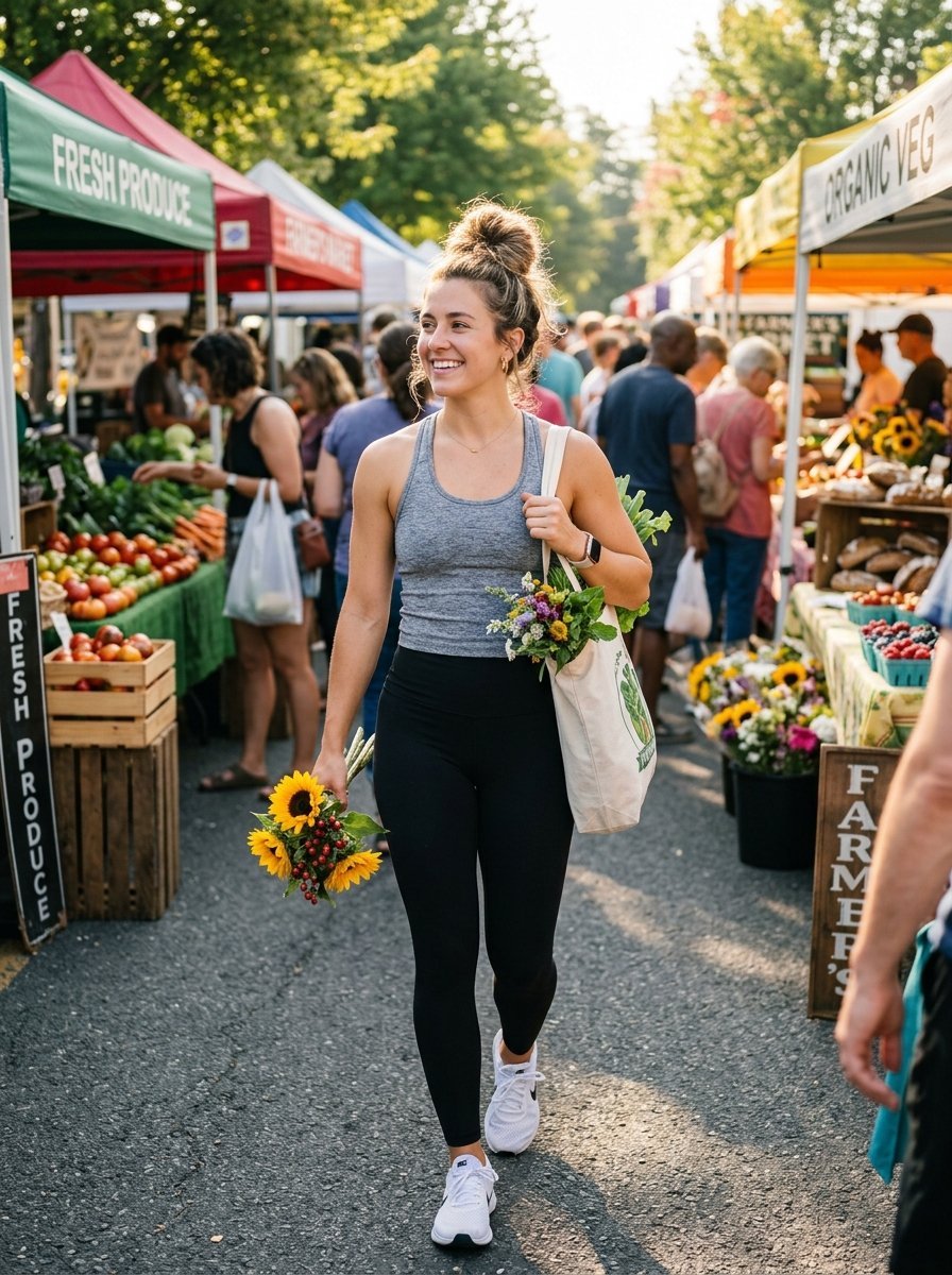 A woman with a bun hairstyle walking through an outdoor farmers market carrying a tote bag of greens and sunflowers.