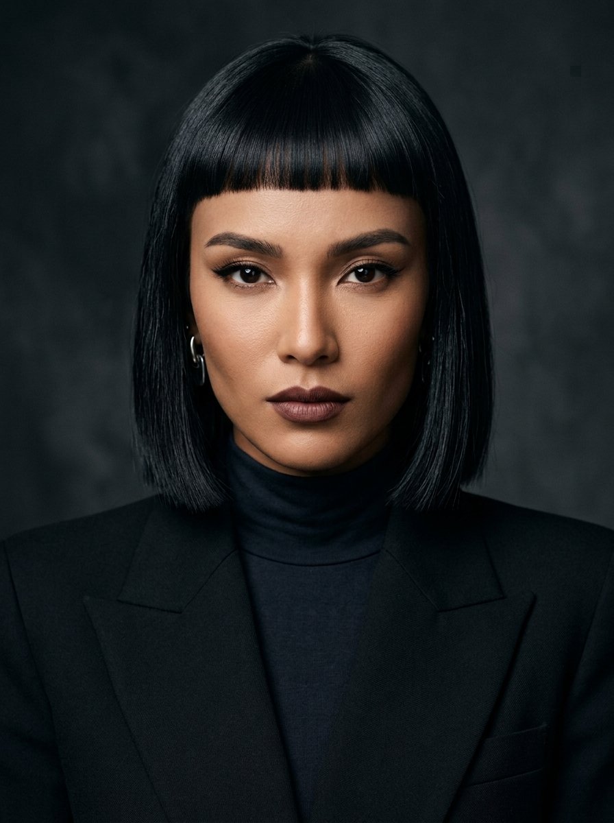 Portrait of a woman with dark hair and bangs in a black turtleneck and tailored jacket against a grey background.
