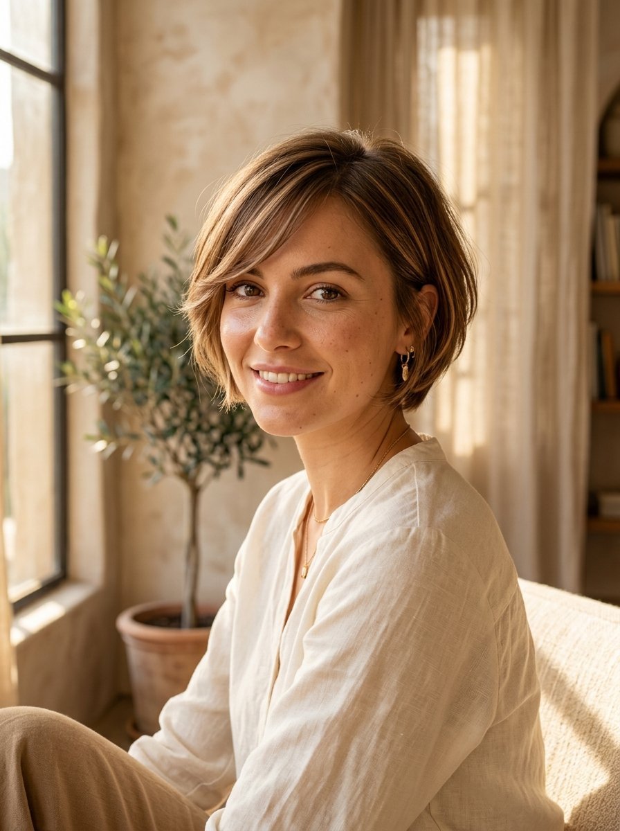 Portrait of a smiling woman with short brown hair wearing a light shirt sitting by a window