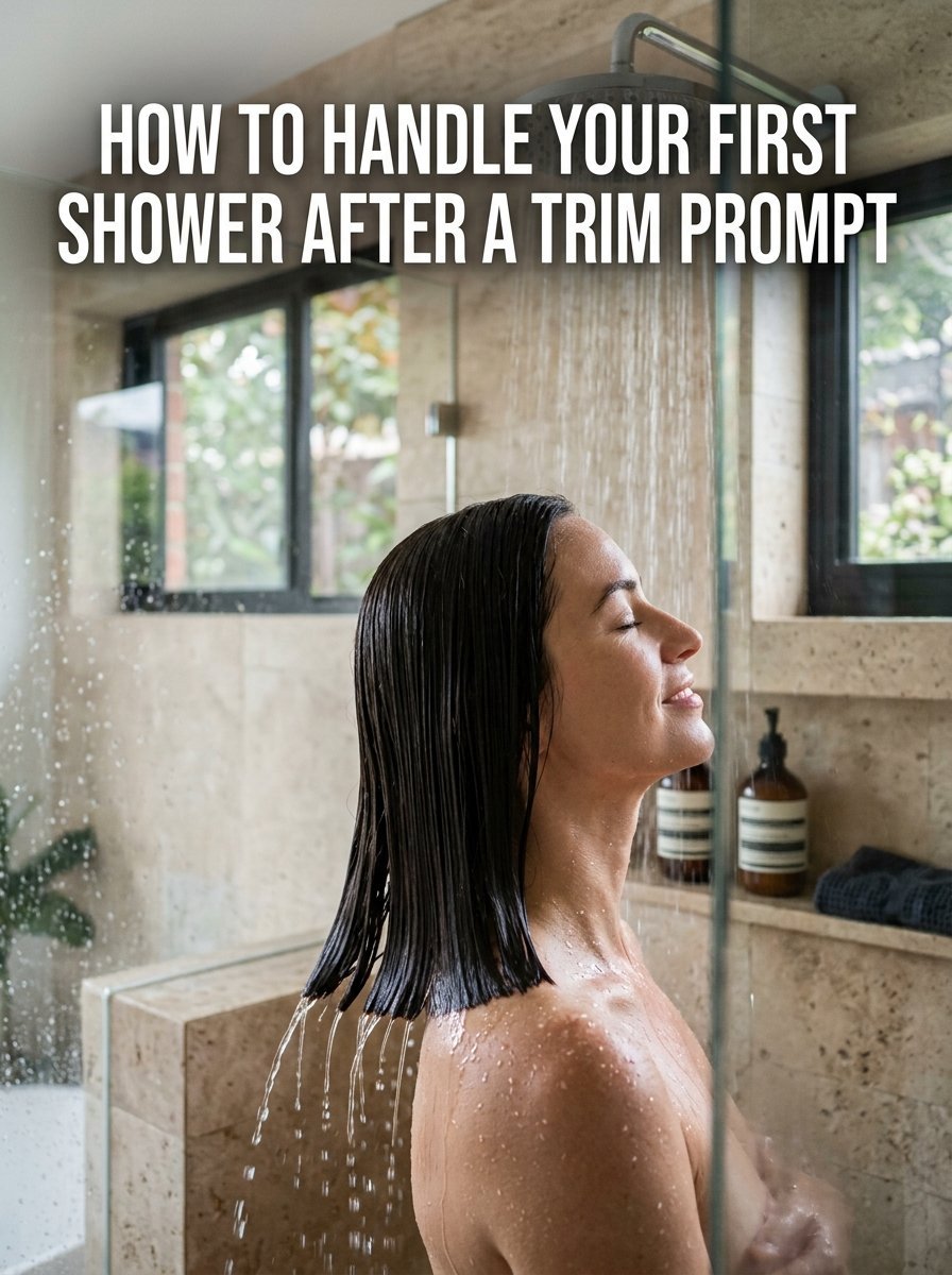 Side profile of a woman with wet hair standing under a rain shower head in a beige stone-tiled shower enclosure.