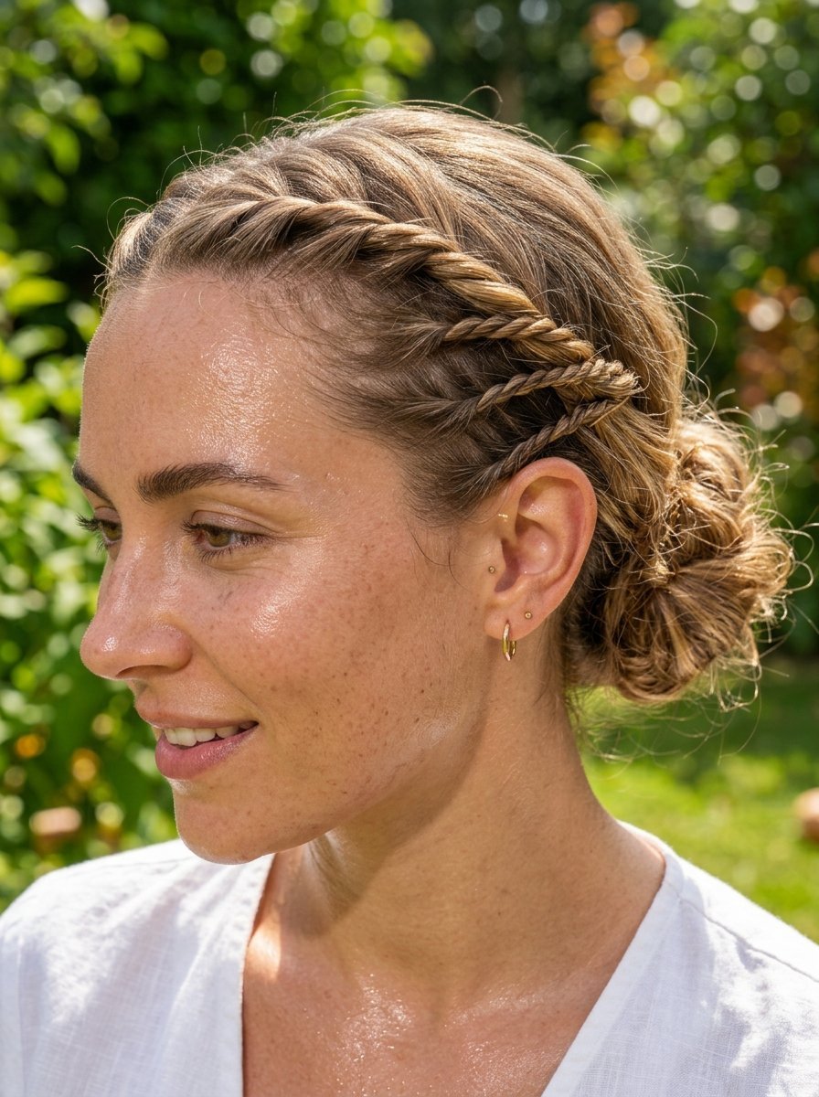 Close up of a woman showing a modern braided hairstyle with small twists pulled back into a low bun.