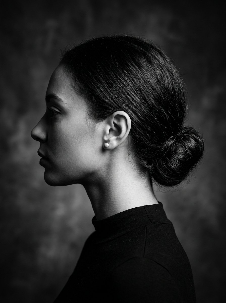Close-up black and white side view of a woman with her hair in a bun wearing a small pearl earring.