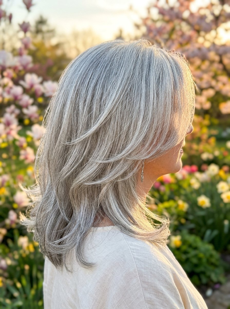 Close up of a woman with grey layered hair standing in front of blooming spring flowers.