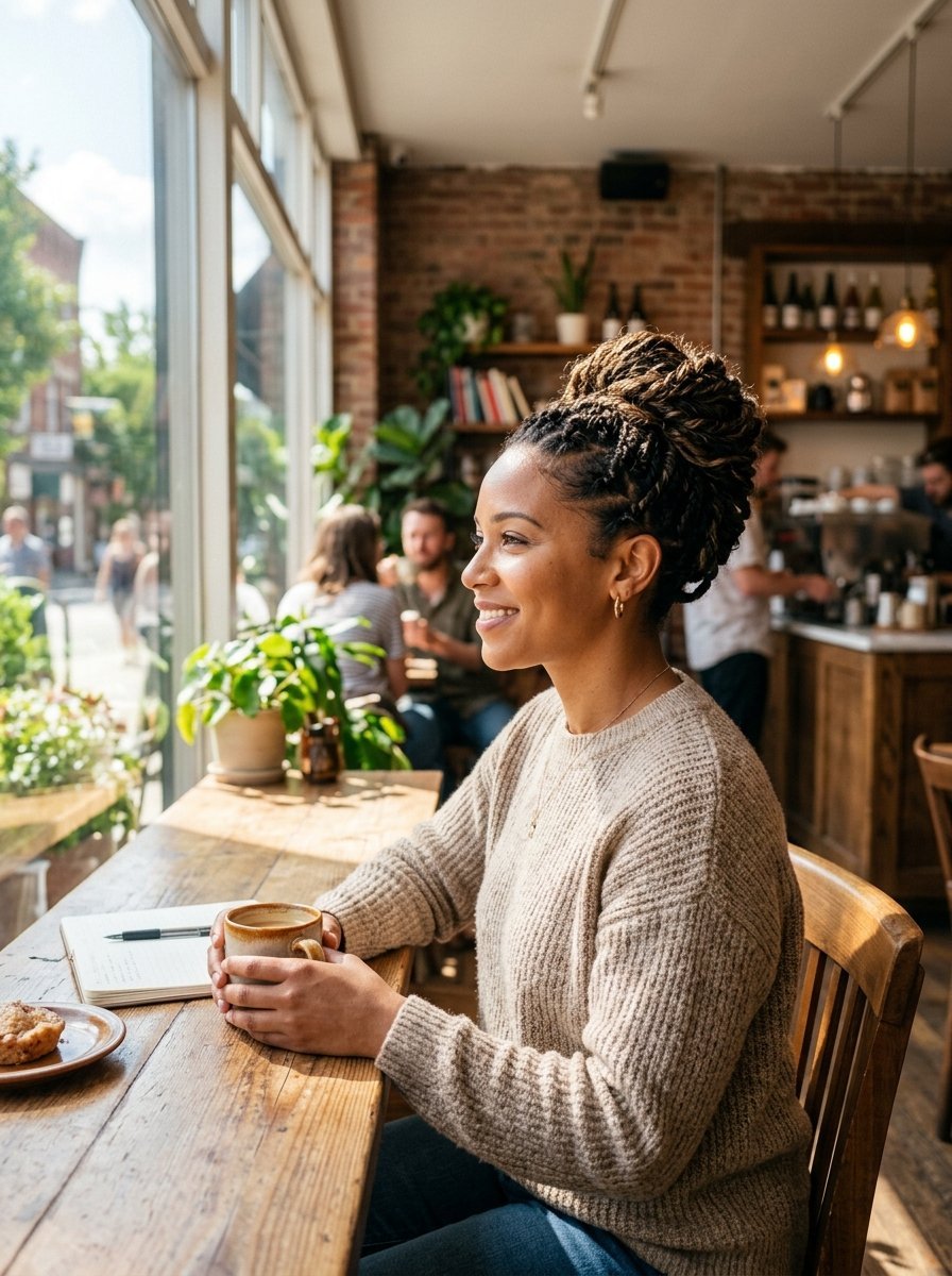 A woman with braided hair holding a mug near a window inside a rustic coffee shop.