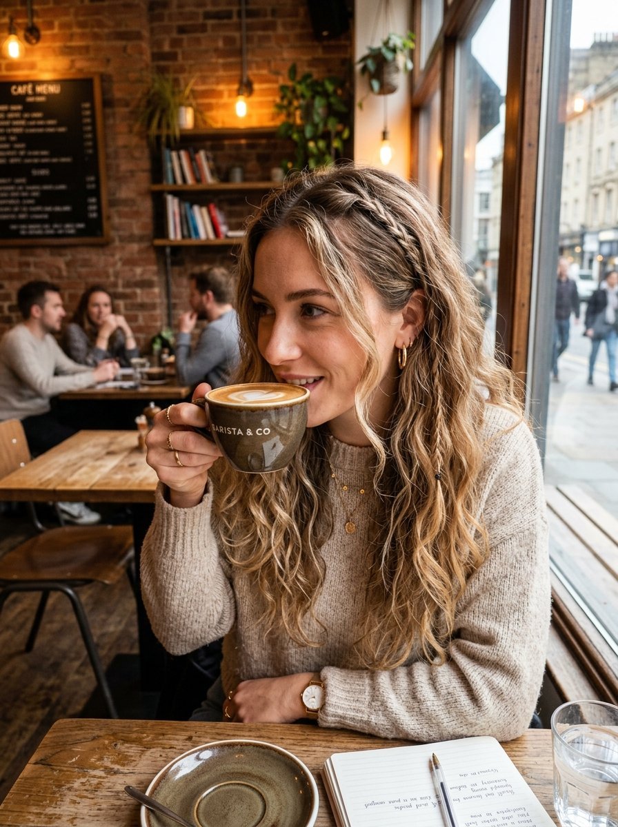 Smiling woman with wavy hair drinking coffee from a branded mug while sitting at a wooden table in a cafe.