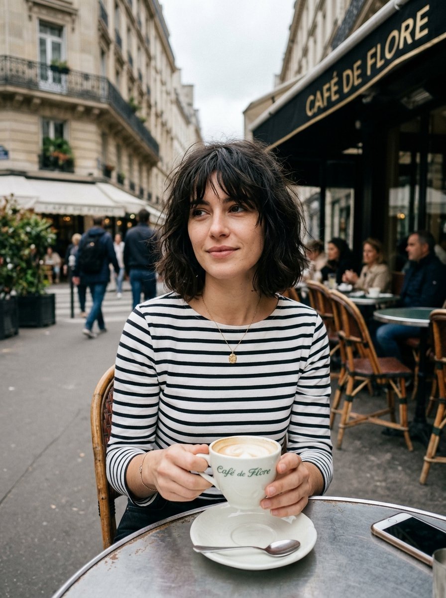 A brunette woman in a striped shirt holding a logo cup while sitting at a round metal table in Paris.