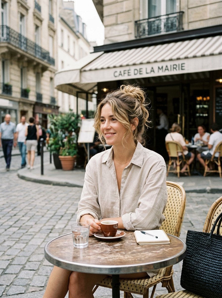 A smiling woman with a messy bun sits at a cafe table on a cobblestone street in Paris with a cup of coffee.