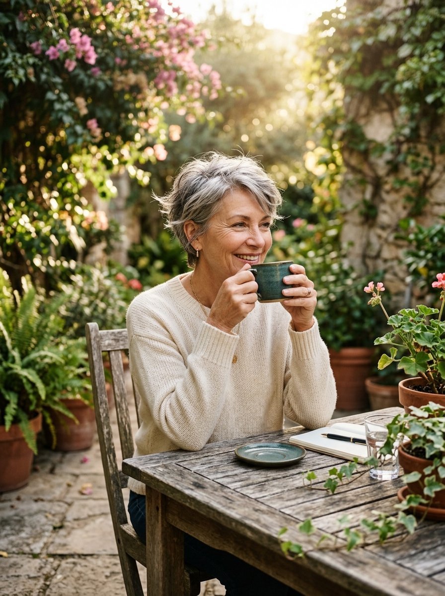 A smiling woman with short grey hair holds a green ceramic mug while seated at a wooden outdoor table.