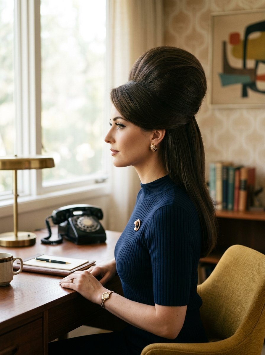 Side profile of a woman with 1960s hair wearing a navy top, sitting at an office desk with a rotary phone.