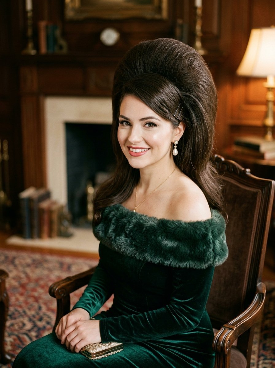A smiling woman with a tall, 1960s-inspired hairstyle wears a green off-shoulder dress in a library setting.