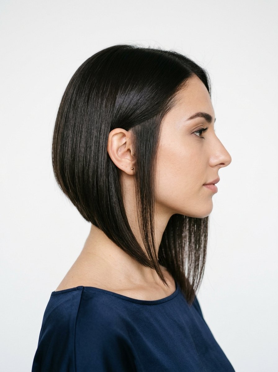 Portrait of a woman with straight, dark hair cut into an asymmetrical angled bob against a plain background.