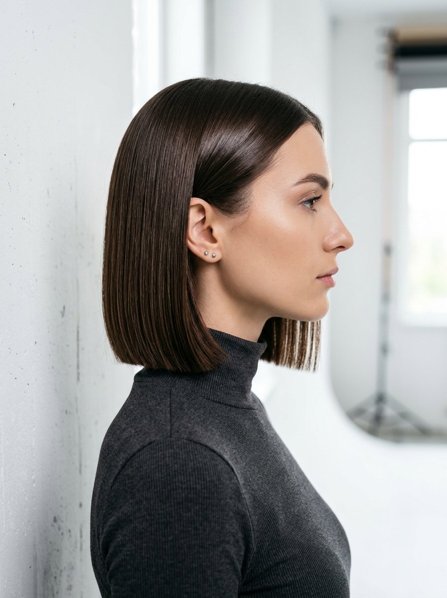Profile view of a young woman wearing a grey turtleneck with her smooth straight hair cut into a sharp bob.