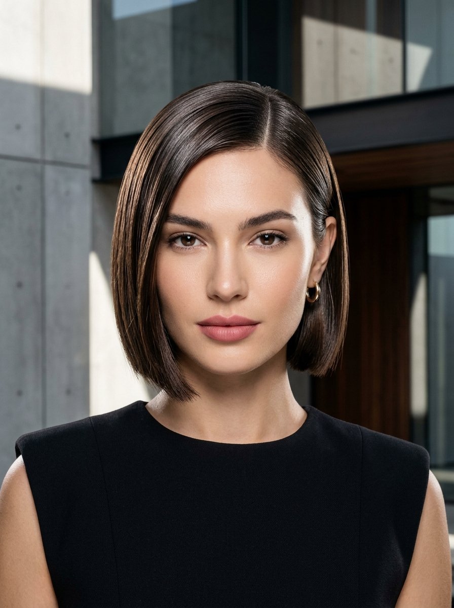Portrait of a woman with a sharp, side-parted brown bob hairstyle wearing a black sleeveless dress.