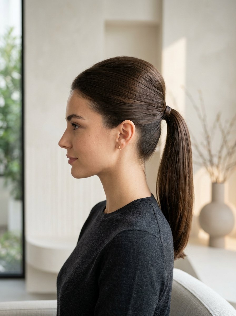 Profile view of a woman with long dark hair tied back in a smooth, elegant ponytail wearing a charcoal sweater.